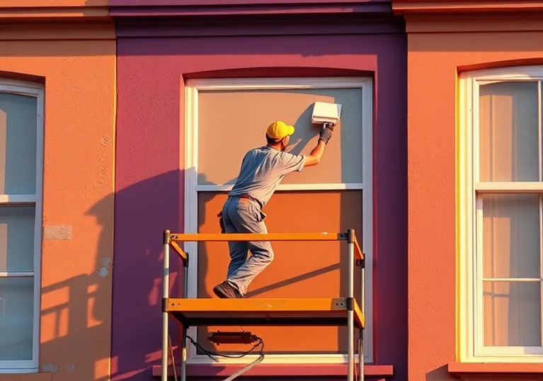 Peintre sur échafaudage traitant la façade d'une maison