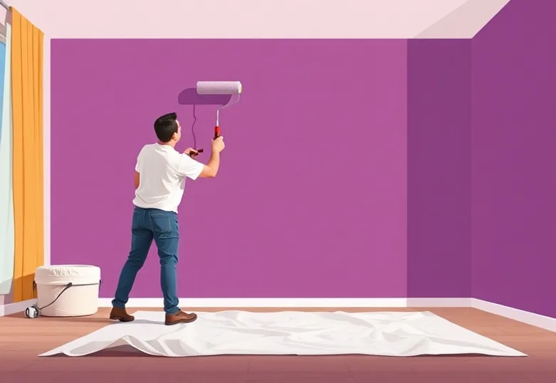 Peintre appliquant la peinture au rouleau sur un mur de salon